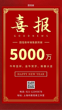 获奖喜报红底黄字简约大气手机海报