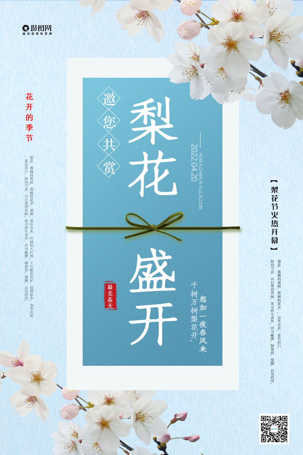 简约蓝色唯美梨花盛开赏花海报